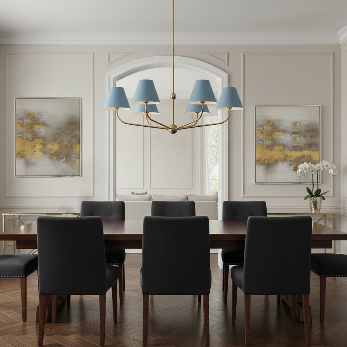 Banks 6 Light Chandelier 40", French Blue and Brass