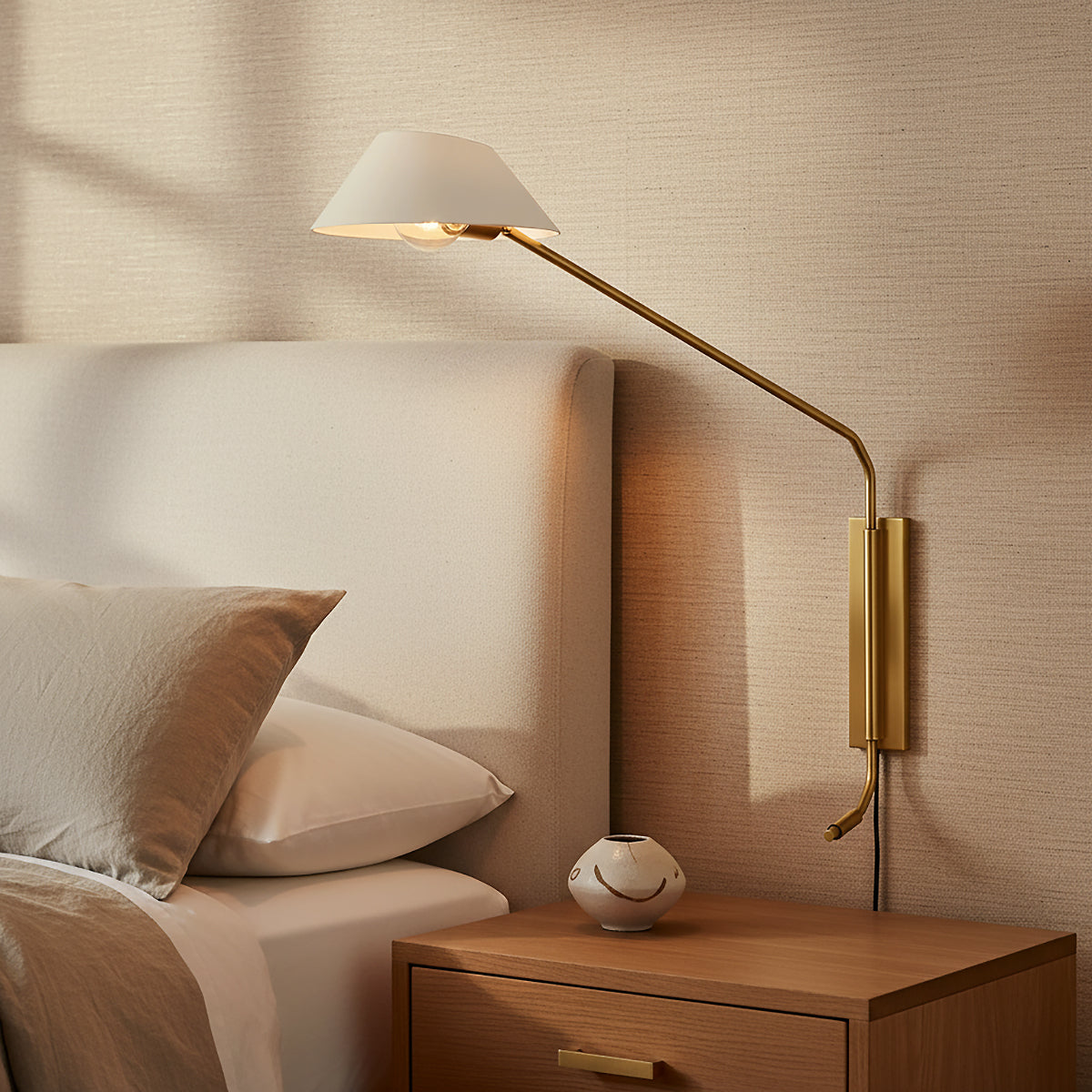 York Plug-in Wall Sconce, Patina Brass with Soft Sand