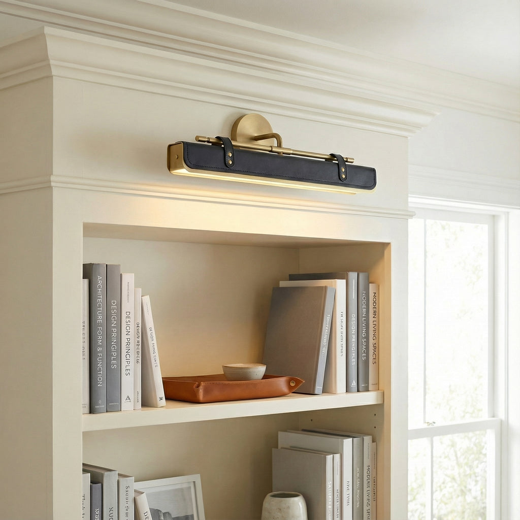 Jarrett LED Wall Light 20", Aged Brass and Tuxedo Leather