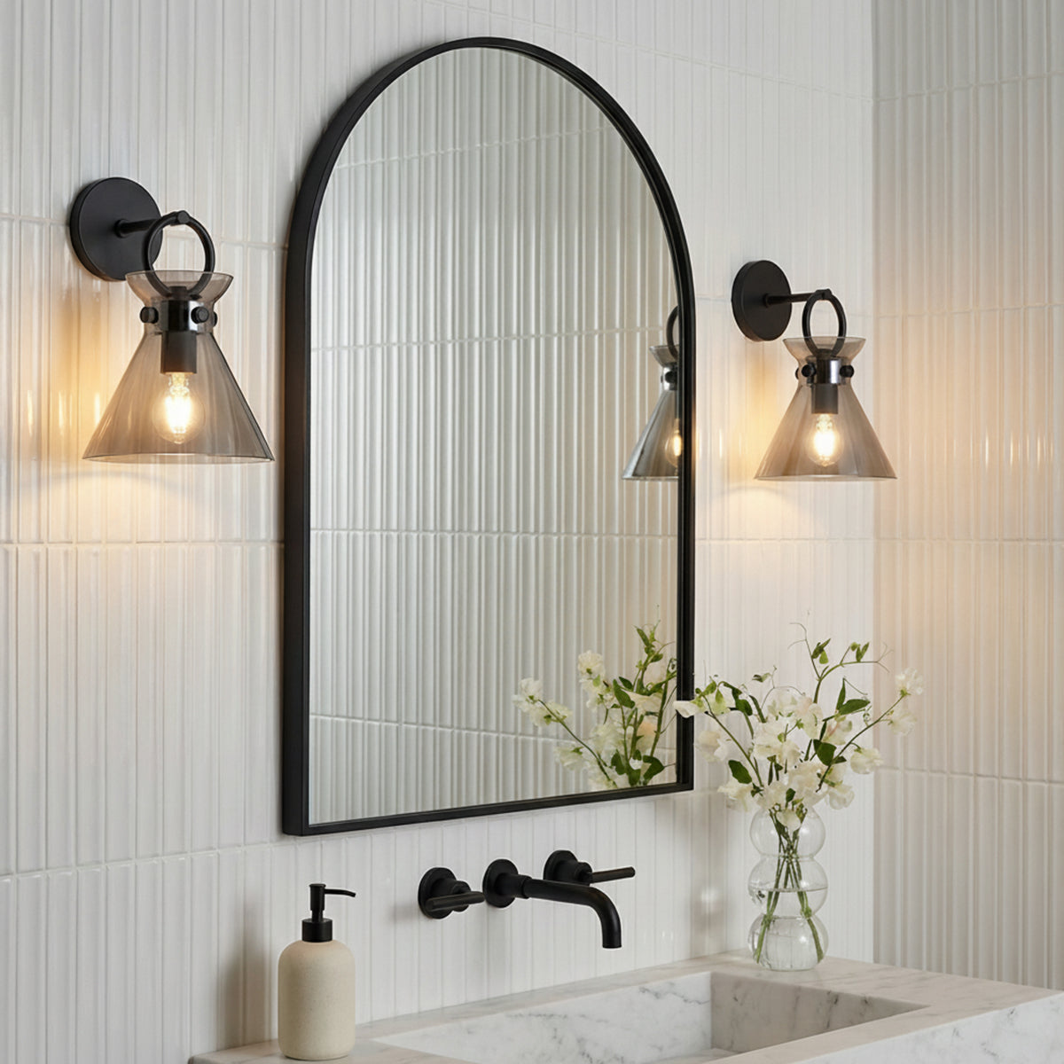 Aris Wall Sconce 13", Matte Black and Smoke Glass