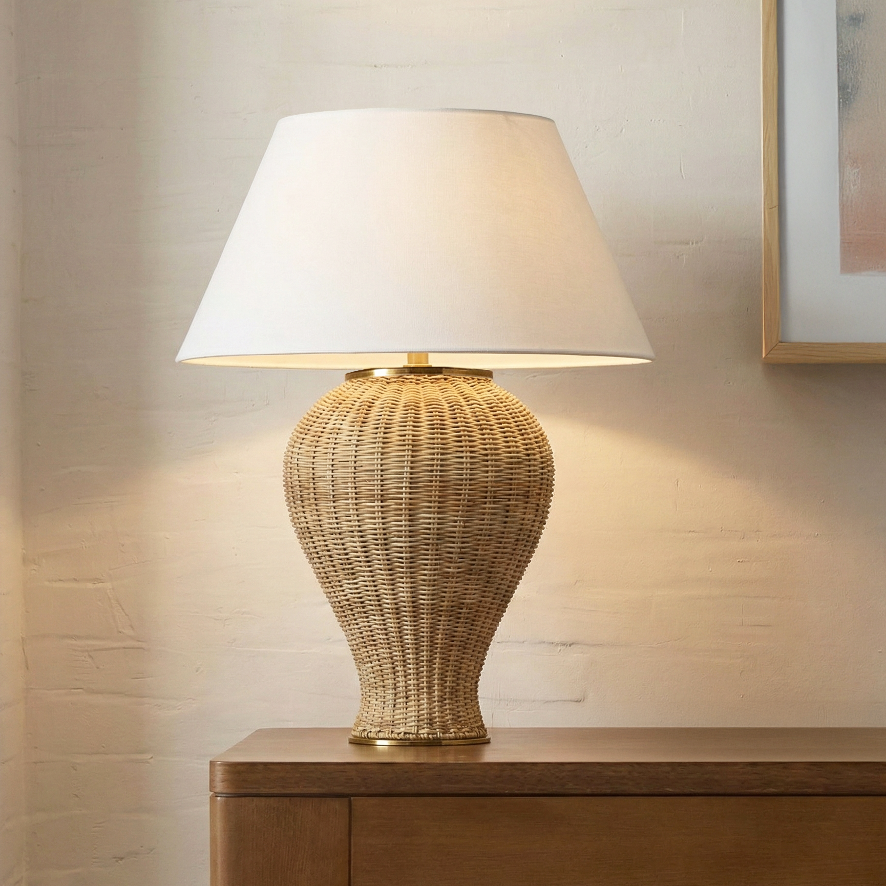 Josephine Table Lamp 29", Woven Wicker with Aged Brass Accents