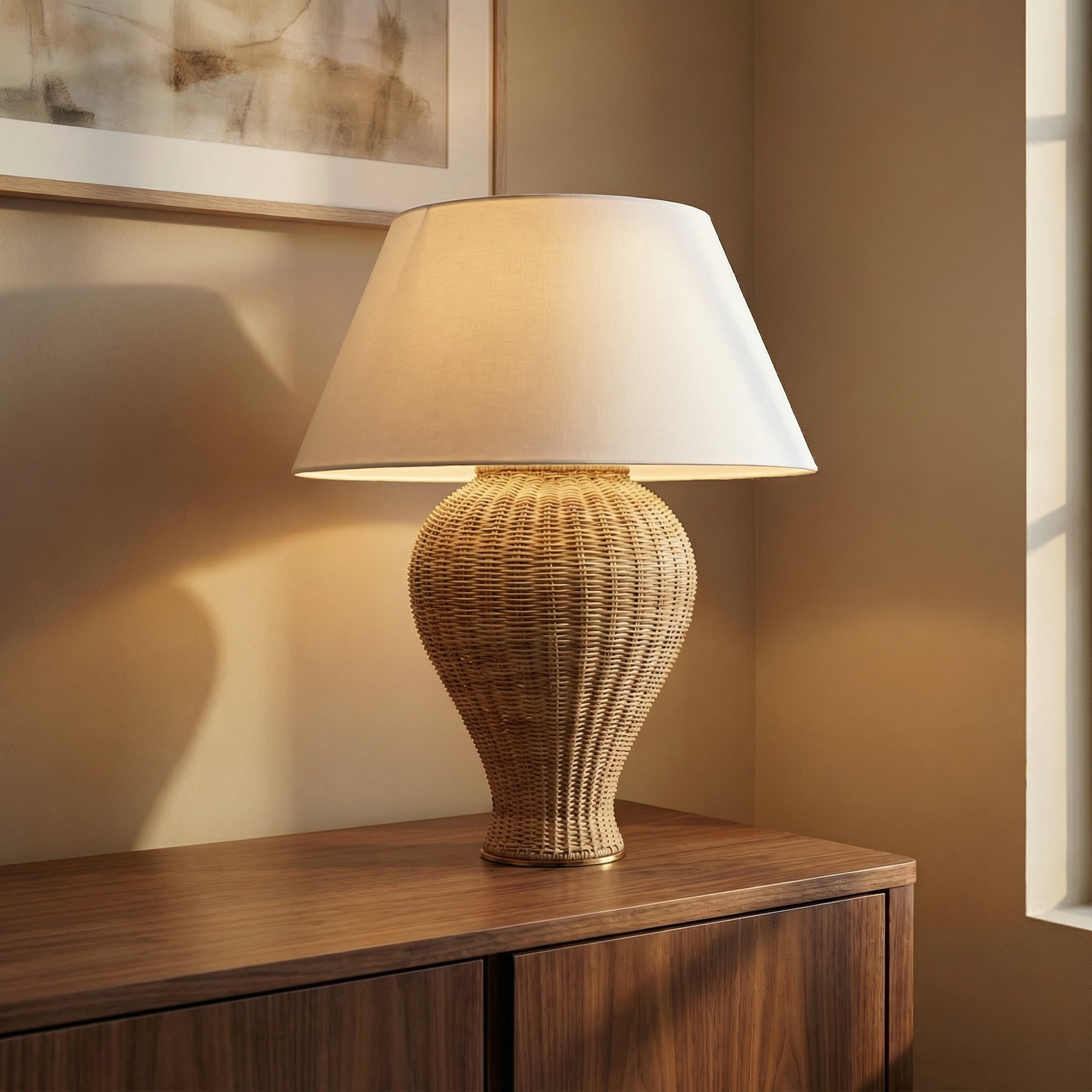 Josephine Table Lamp 29", Woven Wicker with Aged Brass Accents
